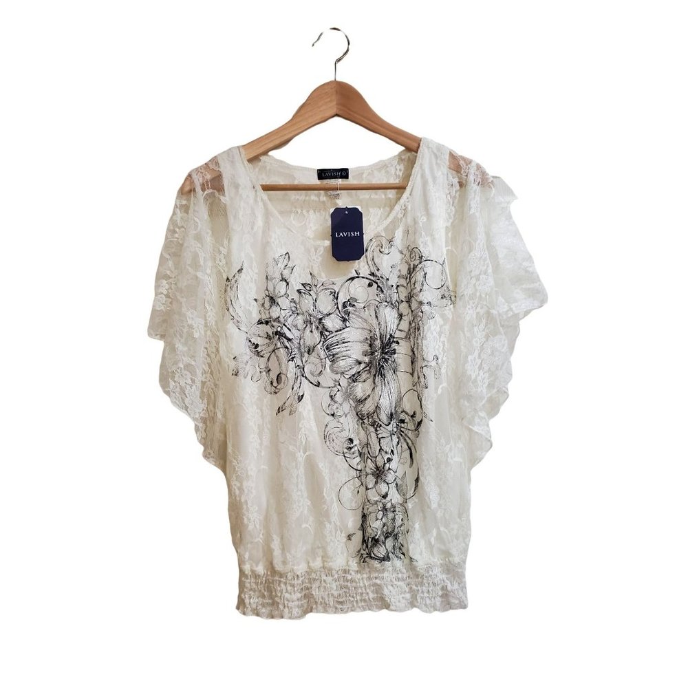 NEW NWT Lavish White Lace Flow Top Womens Dress Blouse Lined Bat Sleeves Wing